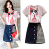 Preppy Skirt Suits Summer Women Cute Ladies Stripped Printed Blouse Tops And Denim Spliced  Skirt Suits Set Clothing Set NS983
