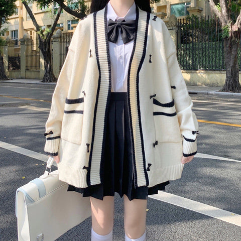 Preppy Style Beige Kawaii Japanese Loose Sweater Cardigan Women Sweet JK School Girly Oversized Bow Jumper Female Winter Tops