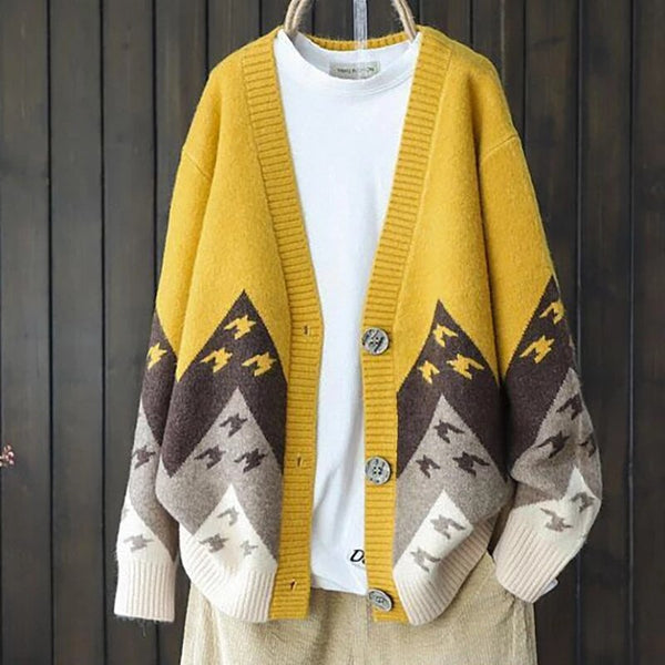 Print Cardigan Women Single Breasted Knitted Sweater Winter Loose Vintage Cardigan Sweater Long Sleeve VNeck Knitwear Pull Femme