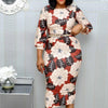 Print Dress African Women Elegant Ladies Waist Belt Three Quarter Sleeve Midi Bodycon Office Package Hip Classy Modest Femme New