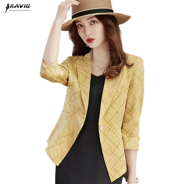 Printed Blazer Women Summer Thin Professional Temperament Half Sleeve Slim Jacket Office Ladies Work Coat