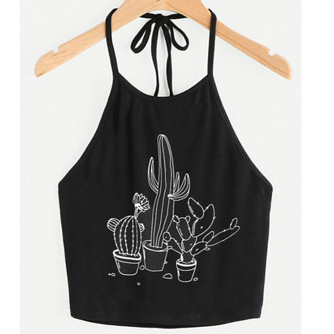 Printed Cactus Black Crop Top Halter Bandage Top Casual Croped Summer Tops Backless Tanks Women Crop Top Mujer#121
