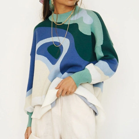 Printed Sweater Women Pullover Vintage Oversized Knitted Sweaters Ladies Casual Long Sleeve Jumpers Winter Loose O Neck Knitwear