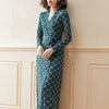 Printed dress plus size spring and autumn style Korean retro drawstring tie waist mid-length V-neck dress women