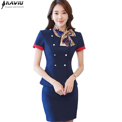 Professional Set Stewardess Uniforms Formal Women Short Sleeve Blazer With Skirt Office Ladies Plus Size Work Wear