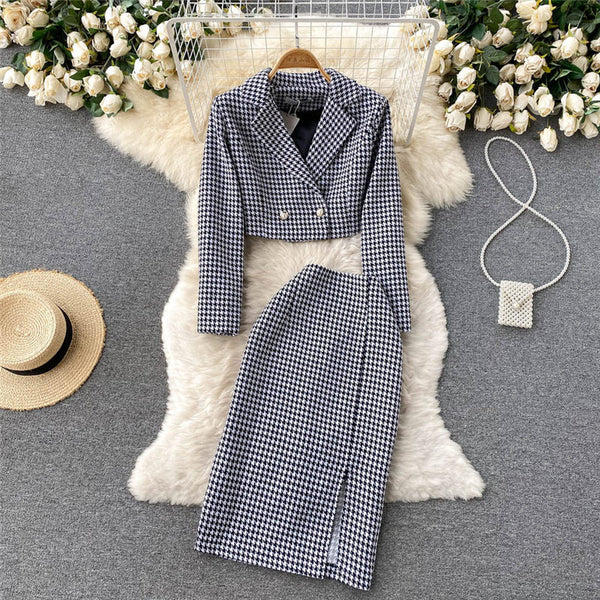 Professional Suit Women Short Jacket Retro Plaid High Waist Spring Crop Blazer And Skirt Set Two Piece Trend Office Wear M1611
