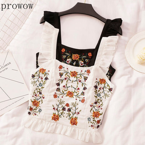 Prowow Heavy Work Flower Embroidery Slim Fit Camis Women Slash Neck Sleeveless Pullover Tank Tops Summer Holiday Clothes Femme