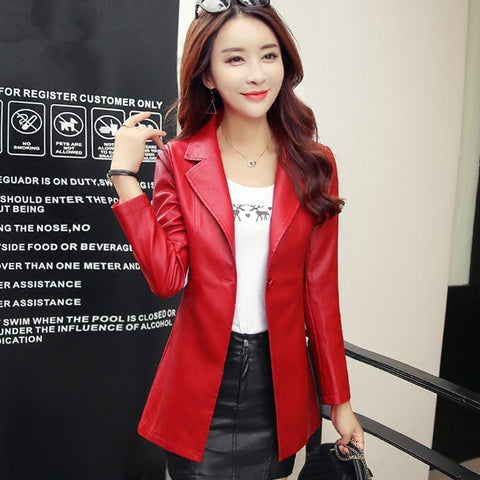 Pu Leather Single Button Plus Size  Blazer Femme Casual Blaser Tops Women Leather Jacket Solid Color Autumn Outerwear TT3588