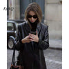 Pu Leather Turn-Down Collar Windproof Shoulder Pads Suit Tailored Jacket 2023 Black High Street Women Long-Sleeved Coat