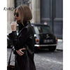 Pu Leather Turn-Down Collar Windproof Shoulder Pads Suit Tailored Jacket 2023 Black High Street Women Long-Sleeved Coat