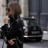 Pu Leather Turn-Down Collar Windproof Shoulder Pads Suit Tailored Jacket 2023 Black High Street Women Long-Sleeved Coat