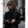 Pu Leather Turn-Down Collar Windproof Shoulder Pads Suit Tailored Jacket 2023 Black High Street Women Long-Sleeved Coat