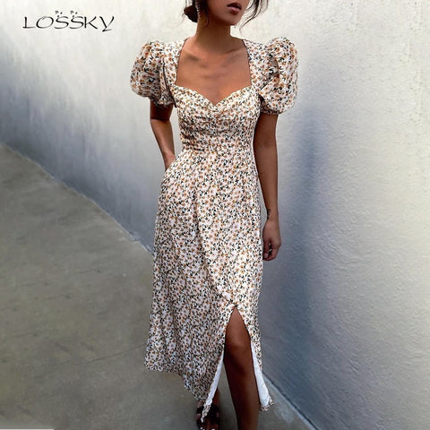 Puff Short Sleeve Women Summer Midi Dress Vintage V Neck White Floral Print French Style Sundress Sexy Slit Party Dresses 2023