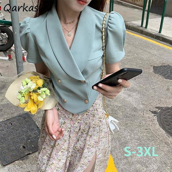 Puff Sleeve Blazers Women Double Breasted Slim Sexy Design Retro French Style Femme Summer Elegant Solid Cropped Chic Ins Simple