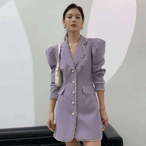 Puff Sleeve Long Blazer Women Pearl Mini Dresses Casual French Office Lady Wear 2023 Spring Women's Clothing