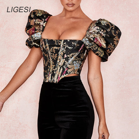 Puff sleeve black vintage blouses top women Embroidered elegant blouse shirt winter Sexy corset crop top short clothes