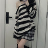 Punk Gothic Dark Aesthetic Striped Long Sweater Harajuku Women Pullovers Hollow Out Oversized Grunge Jumpers Emo Alt Clothes Y2k