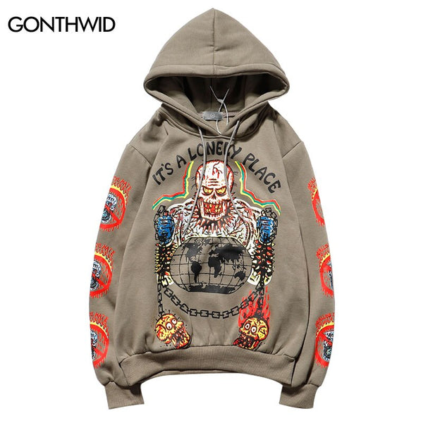 Punk Hoodie Men Streetwear Hip Hop Skull Skeleton Print Gothic Fleece Hooded Sweatshirts Harajuku Casual Pullover Hoodie