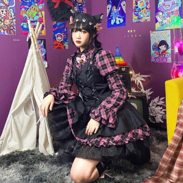 strapless open back dress Punk Pastel Goth Plaid Pleated Mini Dress Women Kawaii Lolita Japanese |  GraceQueens