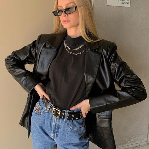 Punk Pu Leather Jacket Women Black Solid Colors Casual Commute Blazers Zipper Button Pocket Coat Female Winter Outerwear
