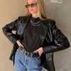 Punk Pu Leather Jacket Women Black Solid Colors Casual Commute Blazers Zipper Button Pocket Coat Female Winter Outerwear