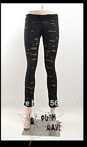womens Gothic Stretchy Skinny Black Leggings ripped Steampunk S-XXL K099
