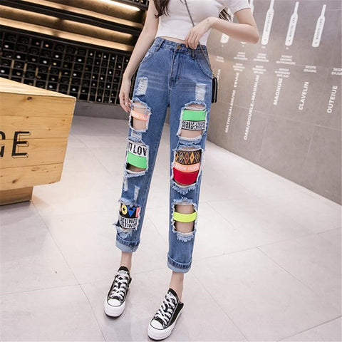 Punk Ripped Jeans Girls Pants Trousers Harajuku High Street Denim Bagge Cool Autumn Korean Gothic Boyfriend Jeans Femme
