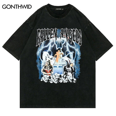 Punk Tshirt Streetwear Hip Hop Vintage Angel Skull Print Distressed Gothic T-Shirts Men Harajuku Casual Cotton Short Sleeve Tees