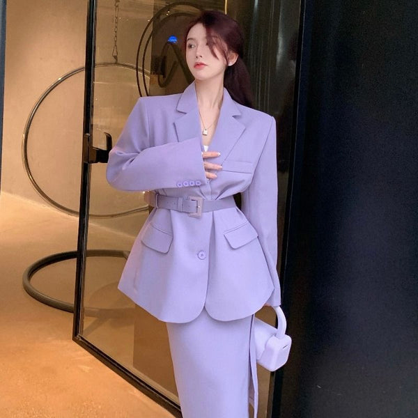 Purple Belt Long-sleeved Blazer Two Piece Set Women 2023 Spring Autumn High Waist Temperament Office Lady Chic Skirts Suit YQ257