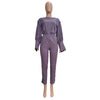 Purple Buttons Up Stacked Long Lantern Sleeve Slim Crop Top and High Waist Split Hem Pencil Pant Casual Outfits Two Piece Suits