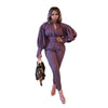Purple Buttons Up Stacked Long Lantern Sleeve Slim Crop Top and High Waist Split Hem Pencil Pant Casual Outfits Two Piece Suits