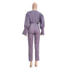 Purple Buttons Up Stacked Long Lantern Sleeve Slim Crop Top and High Waist Split Hem Pencil Pant Casual Outfits Two Piece Suits