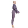 Purple Buttons Up Stacked Long Lantern Sleeve Slim Crop Top and High Waist Split Hem Pencil Pant Casual Outfits Two Piece Suits