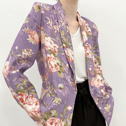 Purple Floral Printed Blazer Suit Women Double Breasted Outerwear Chic Tops Vintage Long Sleeve Pockets Y2k Female Casual Blazer