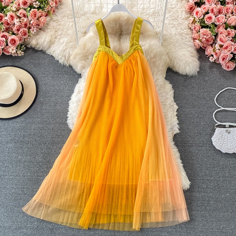 Purple/Green/Blue Sexy Spaghetti Strap Draped Midi Dress Summer Women V-Neck Sleeveless Loose Mesh Vestidos Female 2022