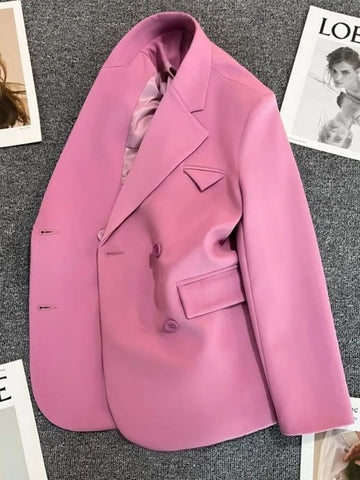 Purple Pink Blazer Women 2023 Autumn Double Breasted Casual Suit Coat Solid Color Long Sleeves Office Lady Blazers