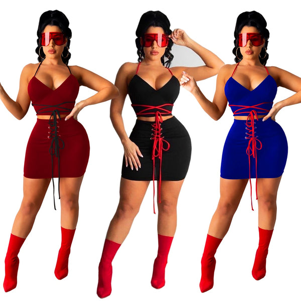 Q786 European and American summer women's sling V-neck  sleeveless sexy vest short skirt two piece