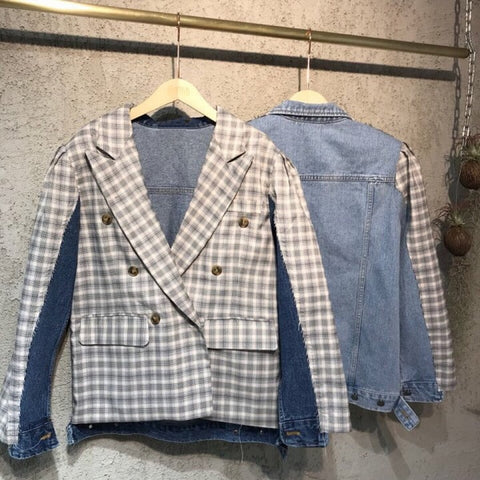 [QLZW]New Summer Women casual loose patchwork cowboy Cowboy British style spring suit collar Wild Plaid coat RB074