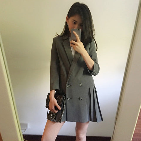 QLZW 2022 Spring New Fashion Gray Pleated Hemline Three Quarter Small Blazer Women's Coat Tide Casual Jacket YC44002