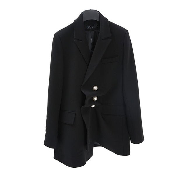 [QLZW] Spring fashion New Black Imitation Pearl Buckle Woman casual irregular Jacket women's Loose Coat YC58401