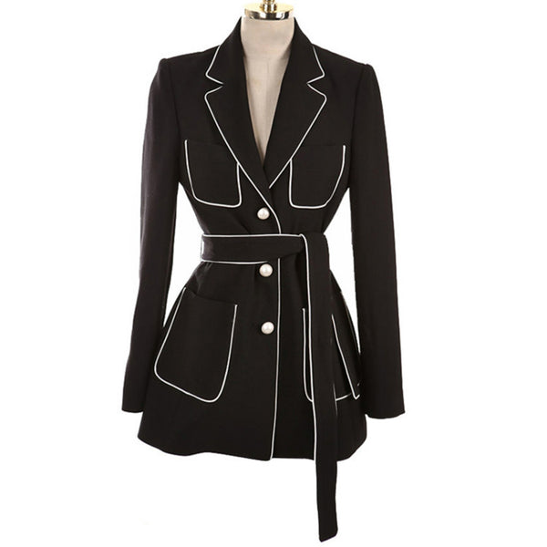 QLZW 2022 Summer New Coat Notched Collar Full Sleeve Sashes Empire Tunic Waist Color Spliced Ladies Fashion Blazer BC032