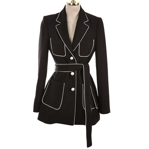 QLZW 2022 Summer New Coat Notched Collar Full Sleeve Sashes Empire Tunic Waist Color Spliced Ladies Fashion Blazer BC032