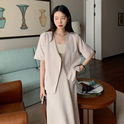 QOERLIN 2022 Solid Blazer Set Open Stitch Jacket & Long Maxi Split Skirt 2 Pieces Skirt Suit Female Office Ladies Blazer Suit