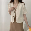 QOERLIN Cotton Linen Blazer Fresh Deep V-Neck Cotton Linen Casual Jacket Women 2023 Korean Two Buttons Short Sleeve Suit Jacket
