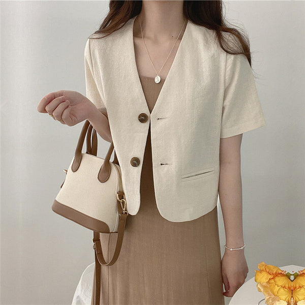 QOERLIN Cotton Linen Blazer Fresh Deep V-Neck Cotton Linen Casual Jacket Women 2023 Korean Two Buttons Short Sleeve Suit Jacket
