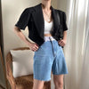 QOERLIN Elegant Linen Short Blazer Short Sleeve Women Summer Super Short Jacket Coat Double-Breasted Tops Korean Chic Cardigans