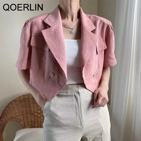 QOERLIN Elegant Linen Short Blazer Short Sleeve Women Summer Super Short Jacket Coat Double-Breasted Tops Korean Chic Cardigans