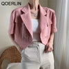 QOERLIN Elegant Linen Short Blazer Short Sleeve Women Summer Super Short Jacket Coat Double-Breasted Tops Korean Chic Cardigans