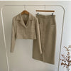 QOERLIN Elegant Tweed Two-Piece Skirts and Blazer Suits Stylilsh Long Sleeve Short Jacket Coat High Waist Back Zipper Midi Skirt