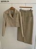 QOERLIN Elegant Tweed Two-Piece Skirts and Blazer Suits Stylilsh Long Sleeve Short Jacket Coat High Waist Back Zipper Midi Skirt